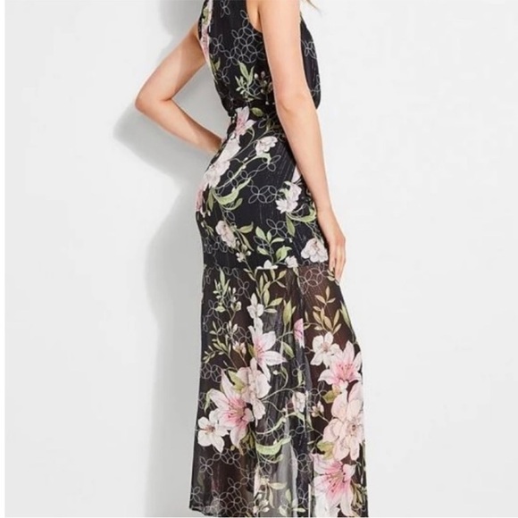 Guess Black Floral Maxi Dress Nadira Metallic Sheer Sleeveless Size XL - Picture 15 of 16